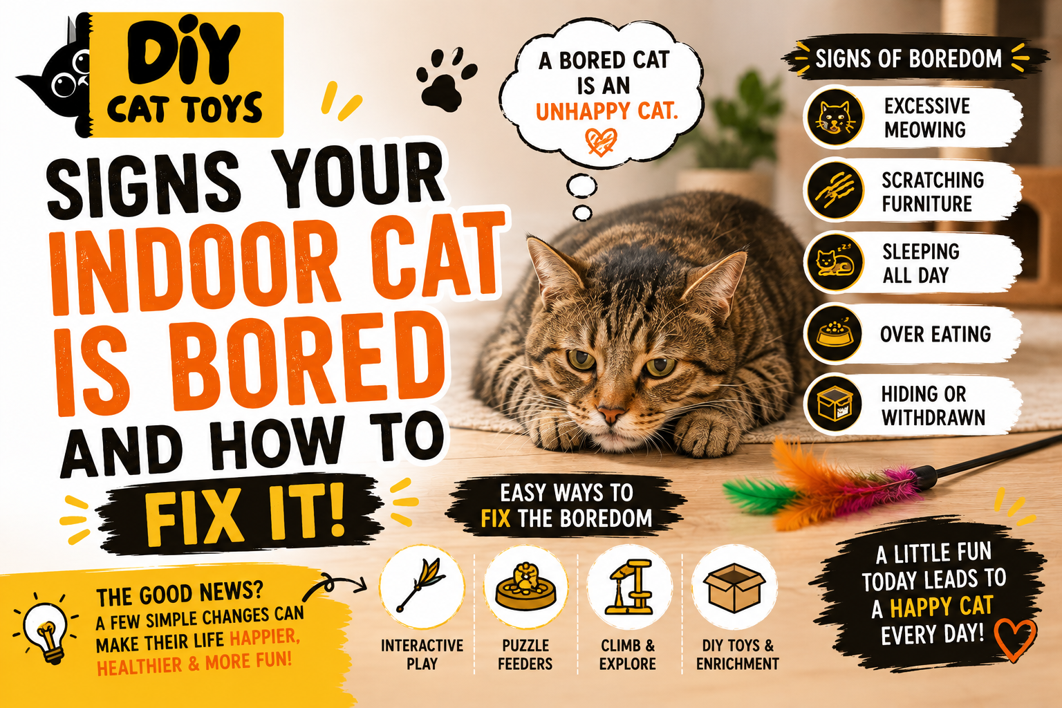 Signs your indoor cat is bored and ways to fix boredom with interactive play, puzzle feeders, and DIY toys